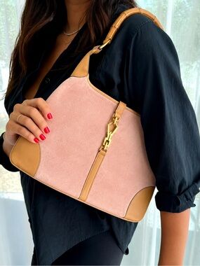 GUCCI Jackie Sherry Line Bamboo Shoulder Bag Suede Pink Horsebit Buckle